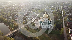 Morshansk city aerial view. Trinity Cathedral. Cna river