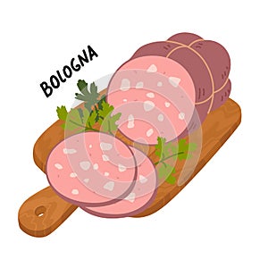 Mortadella Bologna Sausage. Meat delicatessen on a wooden cutting board.