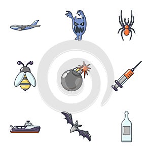 Mortal danger icons set, cartoon style