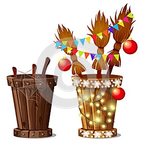 The mortar Baba Yaga and broom with Christmas decorations isolated on white background. Sketch of Christmas festive