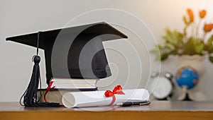 Mortar board with degree paper and books on wood table.