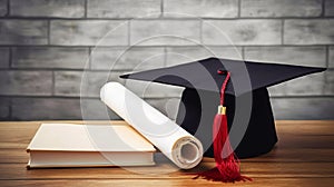 Mortar board with degree paper on wood table, graduation concept-enhance