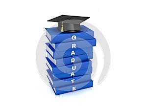 Mortar board on stack of blue graduate book isolated on white w