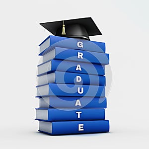 Mortar board on stack of blue graduate book isolated on white w