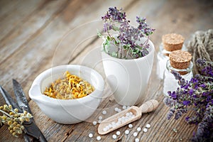 Mortar and bowl of dried healing herbs and bottles of homeopathic globules.