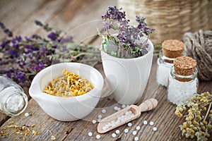 Mortar and bowl of dried healing herbs and homeopathic globules.