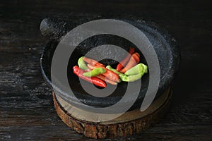 Mortar contains colorful chilies, ready to be pulverized and processed