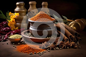 a mortar filled with freshly ground spices, next to whole spices