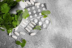 Mortar with fresh green celandine and pills on light grey table, flat lay. Space for text