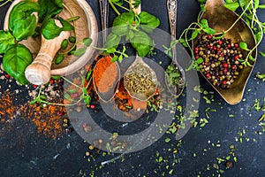 Mortar with herbs and spices