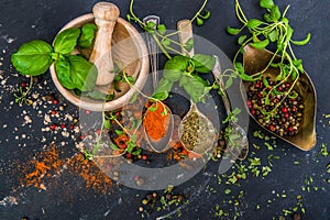 Mortar with herbs and spices