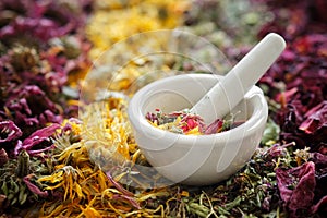 Mortar of medicinal herbs. Dried echinacea, calendula, wild marjoram, rose petals.