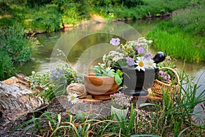 Mortar of medicinal herbs, wooden bowl and basket of healing plants, bunch of medicinal herbs on a stump on bank of river. photo