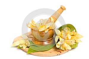 Mortar and pestle with champaka flower