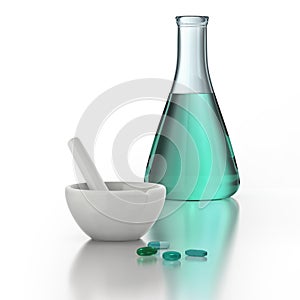 Healthcare with mortar, pestle, pills and beaker