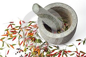 Mortar and Pestle with chili pepper Isolated