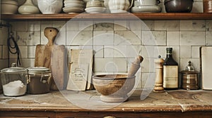 A mortar and pestle on a counter top with jars of spices, AI