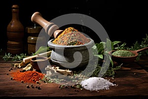 mortar and pestle with crushed spices, herbs, and salt