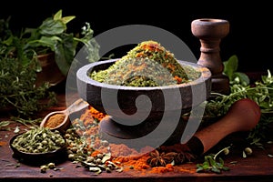 mortar and pestle with crushed spices, herbs, and salt