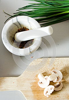 Mortar and pestle with food