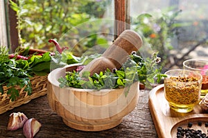 Mortar with pestle, fresh green herbs and different spices on wooden table near window