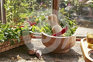 Mortar with pestle, fresh green herbs and different spices on wooden table near window