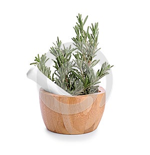 Mortar and pestle with fresh green rosemary on white background