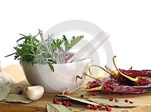 Mortar and pestle with fresh herbs