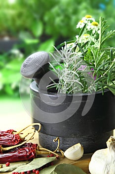 Mortar and pestle with fresh herbs