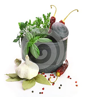 Mortar and pestle with fresh herbs