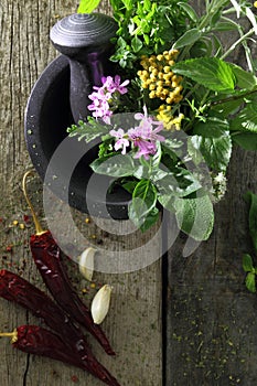 Mortar and pestle with fresh herbs on old wooden background