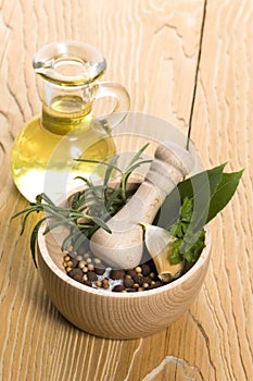 Mortar and pestle, with fresh-picked herbs