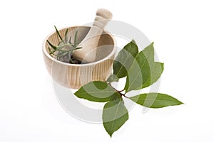 Mortar and pestle, with fresh-picked herbs