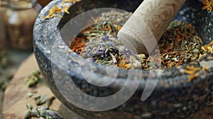 A mortar and pestle grinding together a selection of dried herbs. This traditional od of preparing herbs for remedies