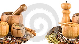 Mortar with pestle, hand mill and spices set isolated on white . Free space for text. Wide photo. Collage