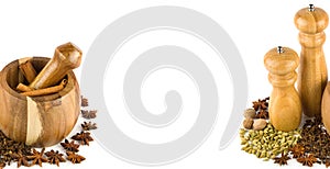 Mortar with pestle, hand mill and spices set isolated on white . Free space for text. Wide photo. Collage