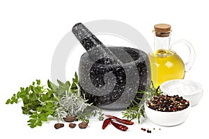 Mortar and Pestle with Herbs and Spices