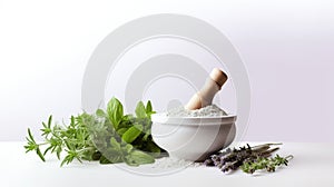 a mortar and pestle with herbs and spices on a white background