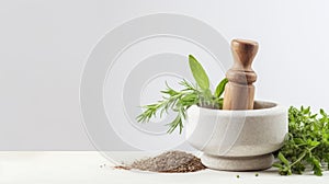 a mortar and pestle with herbs and spices on a white background