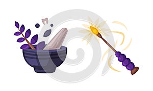 Mortar and pestle and magic wand. Witchcraft attributes, halloween objects cartoon vector illustration