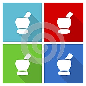 Mortar, pestle, pharmacy concept icon set, vector illustration in eps 10, web buttons in 4 colors options