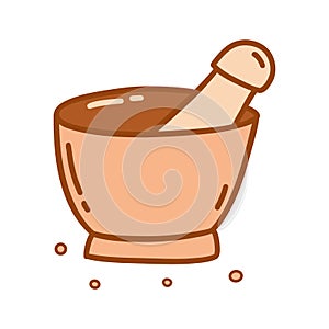 Mortar and pestle with scattered crumbs. Vector doodle