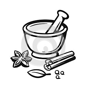 Mortar and Pestle with spices outline style. photo