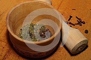 Mortar and pestle with spices