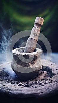 A mortar and pestle on a table with smoke coming out, AI