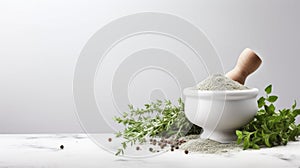 a mortar and pestle with various herbs and spices on a marble countertop