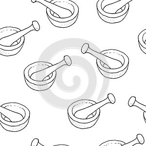 Mortar and pestle vector seamless pattern, hand drawn illustration