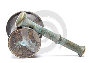 Mortar and pestle. Vintage. White background.