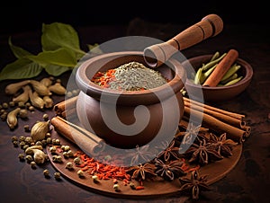Mortar and pestle with whole spices photo