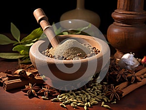 Mortar and pestle with whole spices photo